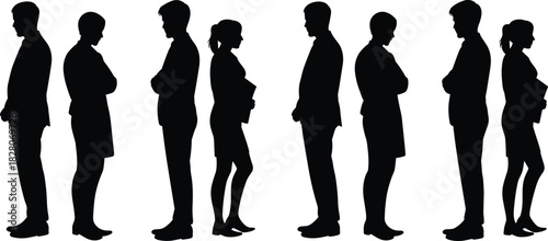 Silhouettes of business men and women standing back to back in a row vector illustration.
