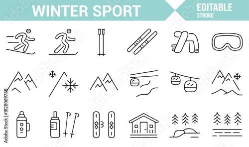 Alpine adventure line icons with cabins, trees, and winter gear