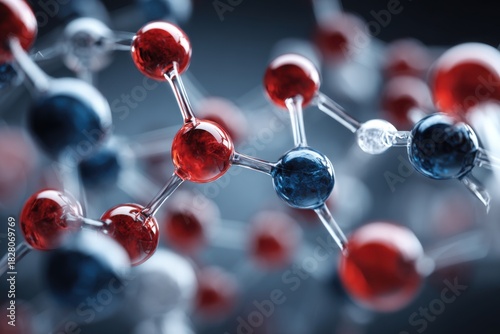 Molecular structure showcasing red, blue, and white spheres connected by bonds in a scientific composition representing chemical interactions and molecular diversity