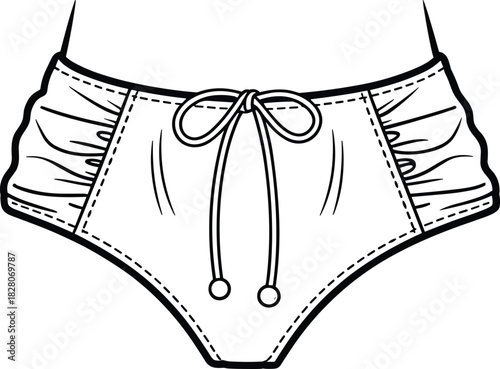Vector fashion sketch of women underwear panties with drawstring and stitching details isolated on white background.