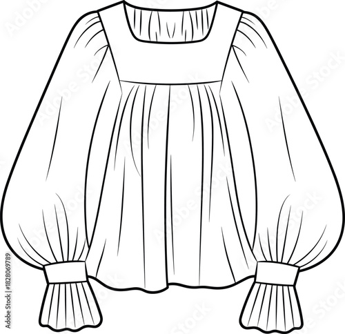 Women's square neck blouse fashion flat sketch with puff sleeves and gathered details vector illustration isolated on white.