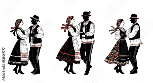 Traditional folk dance silhouette: couple in ethnic attire