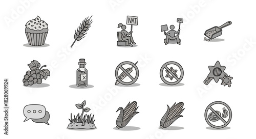Monochrome set of food and agriculture icons with natural and organic themes