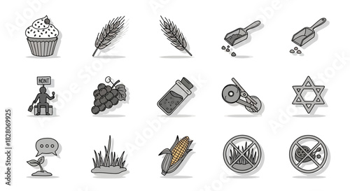 Monochrome food and agriculture icons with linear style elements