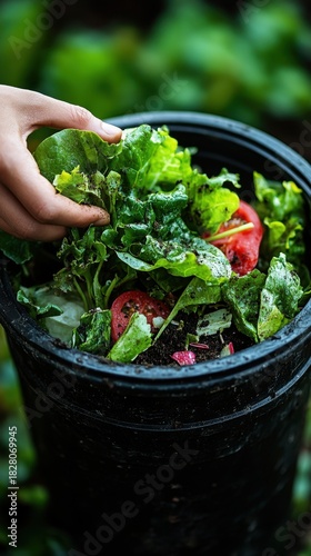 A hand adds green leafy kitchen scraps to a black compost bin outside. There are some tomato scraps already inside