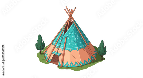 Colorful tent with trees: whimsical camping scene in a unique design