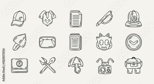 Hand drawn icons of random items with simple line style on light background