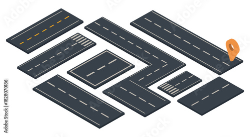 isometric urban road set with various lane styles for city design, including streets, intersections, and traffic layouts, perfect for city planning, urban maps, transportation graphics, and vector 