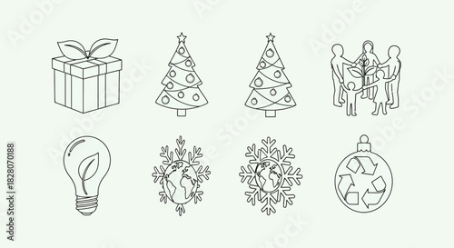 Eco-friendly christmas icons: minimalist line art for sustainable holiday celebration