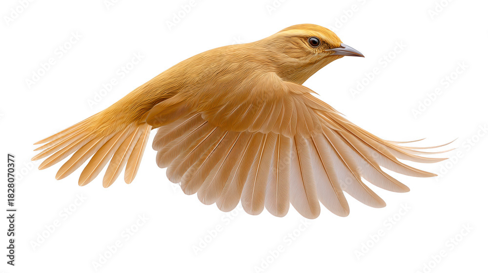 Fototapeta premium Golden bird in flight wings fully spread isolated on transparency background detailed feathers elegant and graceful nature wildlife freedom peaceful side view