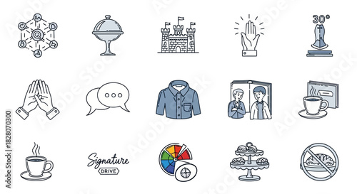 Linear outline icons: global, religion, communication, fashion, culinary, and prohibition themes