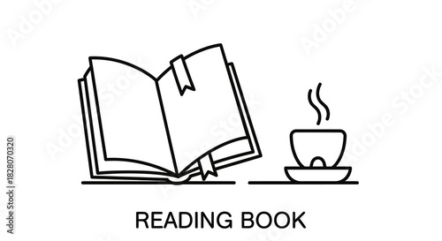 Minimalistic book and coffee line art design for reading enthusiasts