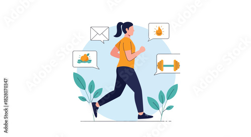 Healthy lifestyle concept: woman jogging with fitness and nutrition icons