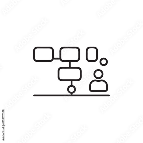 Business management workflow icon black and white vector of project planning process and organization chart with user symbol