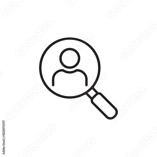 Black and white vector magnifying glass with person avatar icon for business management recruitment and human resources