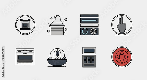 Modern linear electronics and kitchen appliances icon set