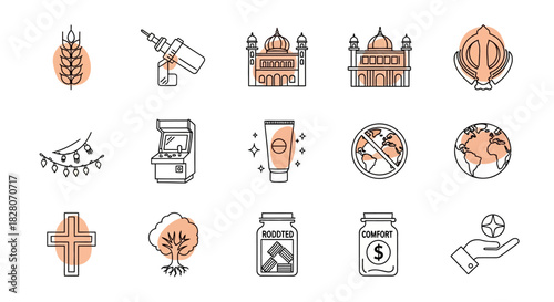 Minimalist line art icons: religion, environment, and wellness collection
