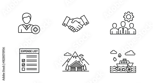 Minimalist business and nature icon set with linear graphics