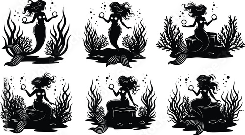 Beautiful Swimming Mermaid with Long Flowing Turquoise Hair and Blue Fish Scale Tail Vector, Detailed Mythological Female Siren Character Cartoon Drawing Illustration Isolated