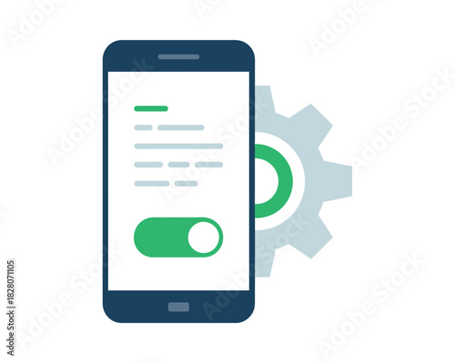 A smartphone screen shows settings with a toggle switch and a gear icon.