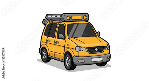 Cartoon yellow suv with roof rack and off-road accessories in 3d style