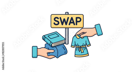 Hand-drawn swap concept with book and clothing exchange sign