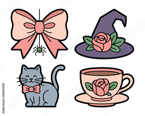 A whimsical collection features a bow with a spider, a witch's hat with a rose, a cute cat with a bowtie, and a teacup with a rose.