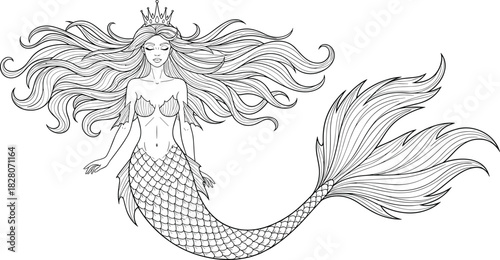 Detailed Elegant Mermaid Princess Line Art Drawing with Long Flowing Hair and Crown, Beautiful Mythical Sea Siren Queen Black and White Vector Illustration, Tattoo Design Coloring Page