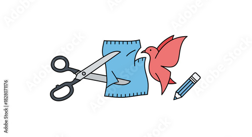 Crafting creativity: scissors, fabric, bird, and pencil in flat design