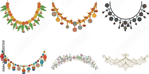 Set of decorative toran garland for diwali festival isolated on transparent background indian traditional decoration