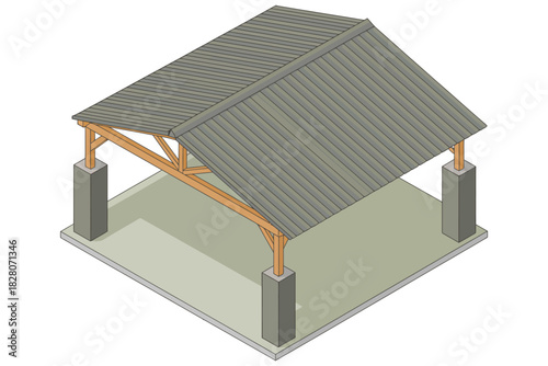 A simple open-sided shelter with a gabled roof is supported by four concrete pillars.