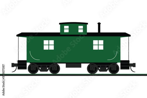 A green caboose sits on a railway track against a white background.