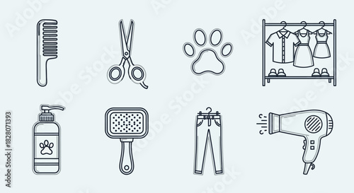 Pet grooming and fashion icons in modern line art style