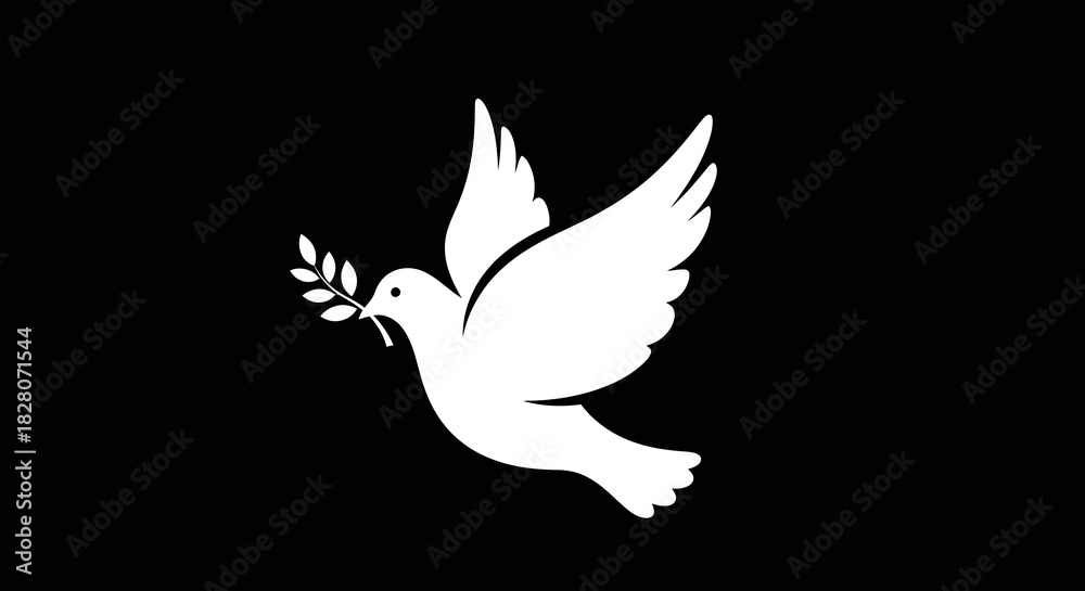 Obraz premium Peaceful dove with olive branch on black background
