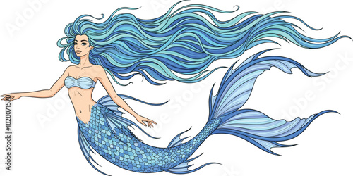 Stunning Mythological Mermaid with Wavy Blue and Turquoise Hair, Floating Female Siren Character Hand Drawn Vector Illustration, Detailed Fish Scale Tail Isolated on White