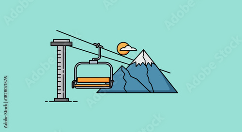 Mountain cable car illustration featuring snowy peaks and bright sky