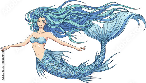 Beautiful Swimming Mermaid with Long Flowing Turquoise Hair and Blue Fish Scale Tail Vector, Detailed Mythological Female Siren Character Cartoon Drawing Illustration Isolated