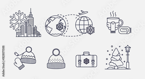 Winter travel icons: linear style for holiday and adventure themes