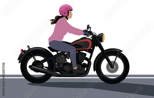A woman wearing a pink helmet rides a black motorcycle on a road.