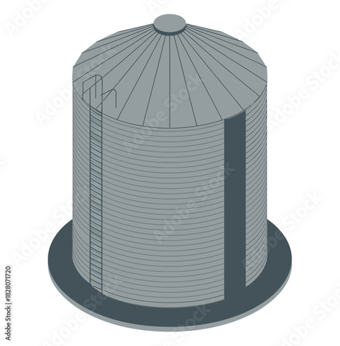 A large grey silo stands on a dark grey circular base, showing a ladder on its side.