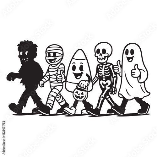 Playful Halloween friends marching together in a joyful festive parade
