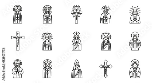 Linear icons of jesus christ and cross symbols with religious themes