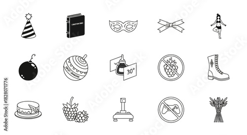 Minimalist icon set: party, books, carnival, sports, nature, and seasonal symbols