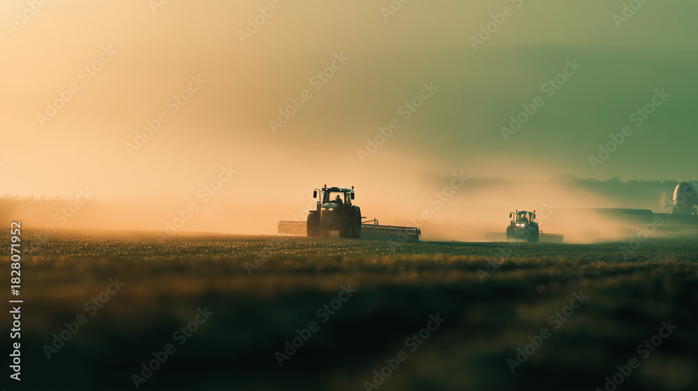 Naklejka premium tractor land agriculture dusk ecology industry modern agriculture cultivation visual