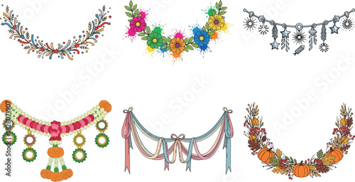 Collection of six decorative garlands isolated on transparent background, adding festive charm to any celebration