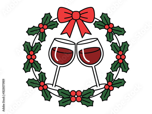 Illustration of two wine glasses clinking inside a christmas holly wreath with a bow