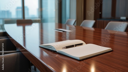 Conference room with a long wooden table, office chairs and an open notebook with a pen. Bright daylight and a city view create a focused setting for business meetings and corporate negotiations