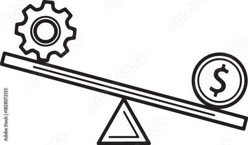 Gear and Dollar Coin on a Seesaw Symbolizing Financial Balance and Industry scale cogwheel on transparent background