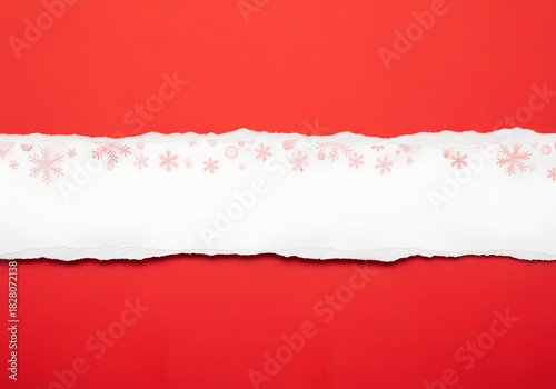 Wallpaper Mural Red background with clean white torn paper stripe exactly across the center.On the white stripe, subtle trasparent snowflakes with low opacity, delicate and soft, blending into the paper texture. The  Torontodigital.ca