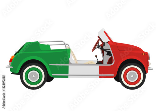 A side view illustration of a classic, small convertible car, painted in the distinct colors of the Italian flag